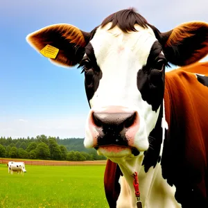 Brown bull grazing in rural farmland