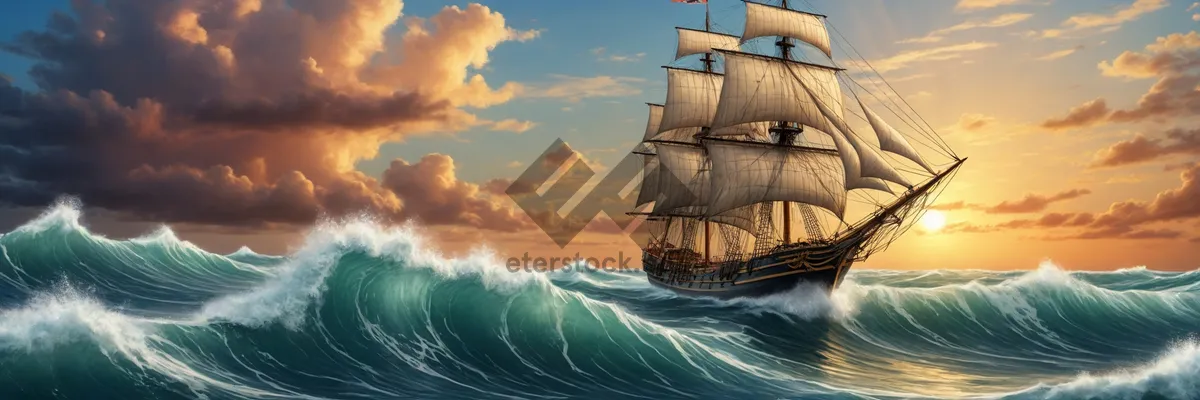 Picture of Pirate ship at sunset on the open sea.