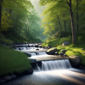 Serene Cascade in Forested Mountain Landscape