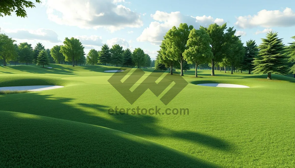 Picture of Scenic golf course with flag under sunny sky