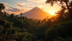 Orange sunset over mountain landscape silhouette.