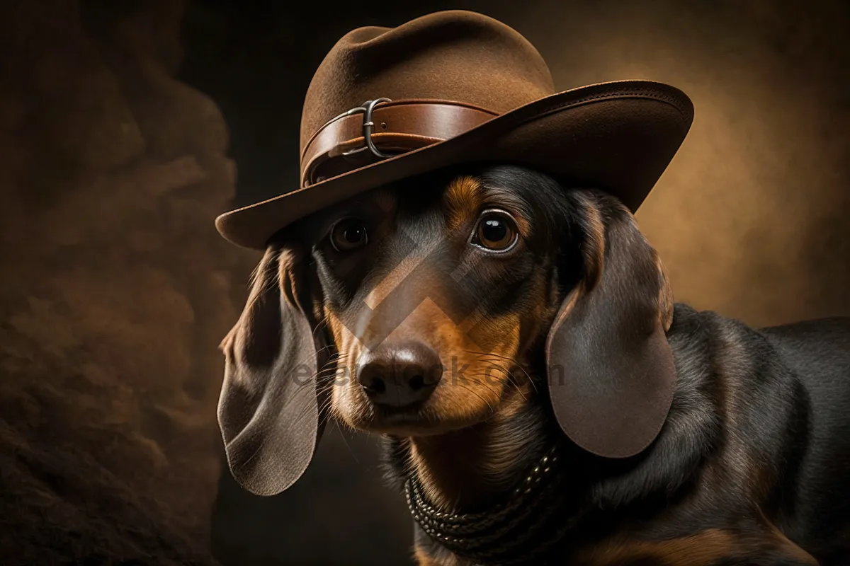 Picture of Cute black puppy wearing brown hat, domestic pet portrait.