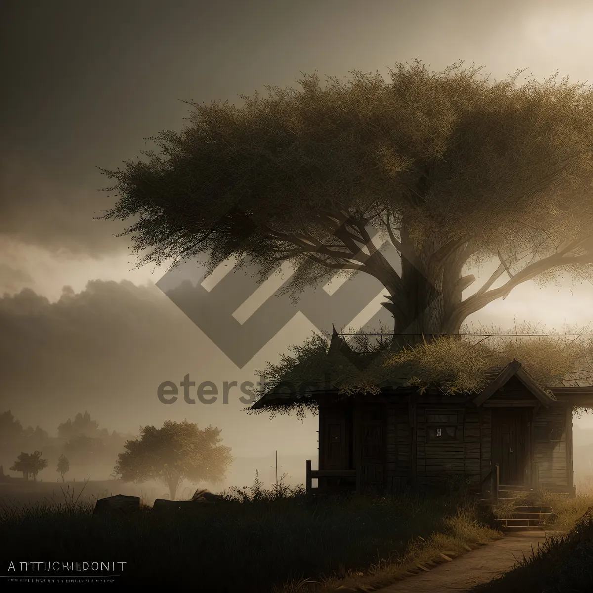 Picture of Sunset Skyline with Thatched Roof and Trees