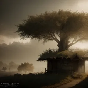 Sunset Skyline with Thatched Roof and Trees