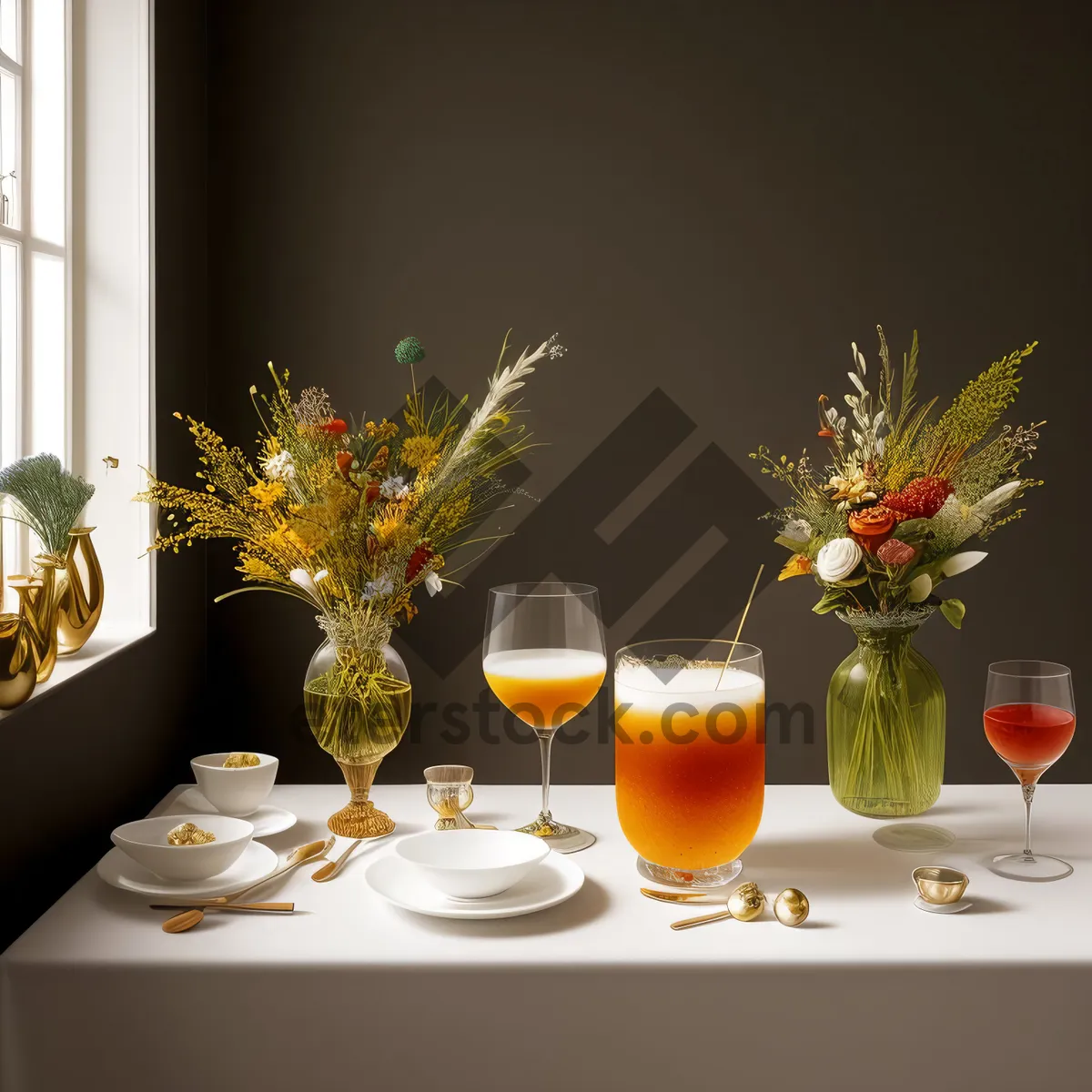 Picture of Festive wine and flower arrangement on dining table