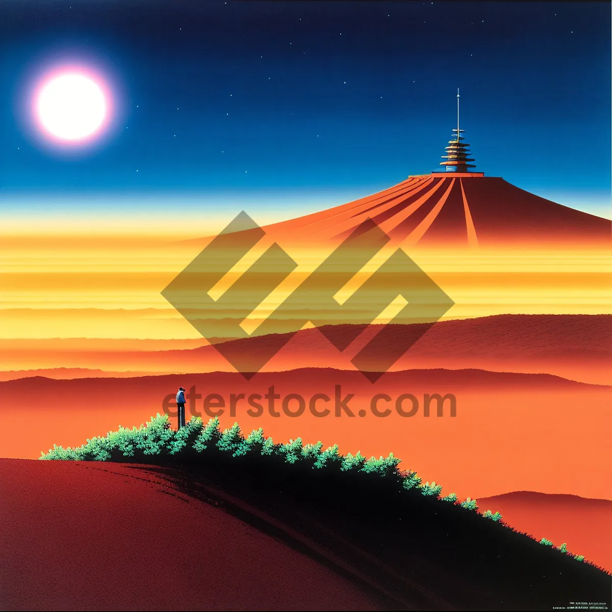 Picture of Sunset Silhouette over Canvas Tent beneath Starry Sky