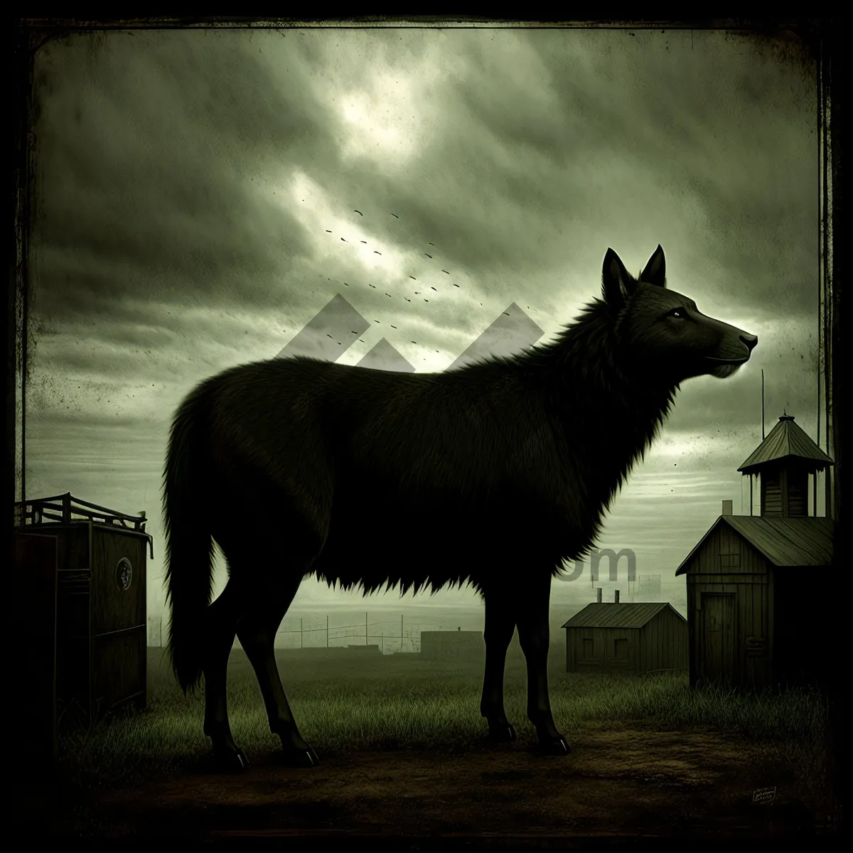 Picture of Brown Shepherd Dog Watching Horses in the Pasture