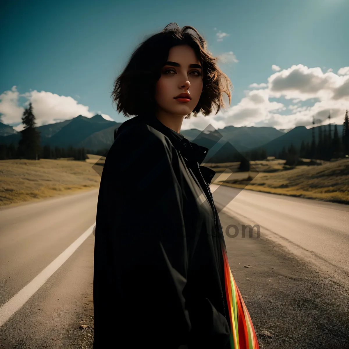 Picture of Cloaked Happiness: Pretty Outdoor Portrait of Attractive Smiling Adult