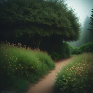 Sprinkler device watering green summer landscape