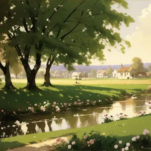 Serene Park Landscape with Lush Trees and Golf Course
