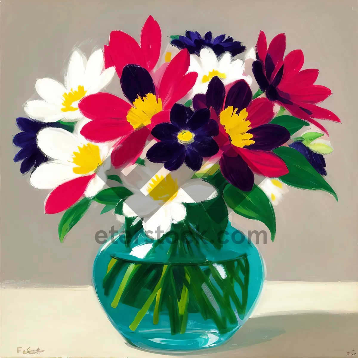 Picture of Vibrant Floral Arrangement in Colorful Vase