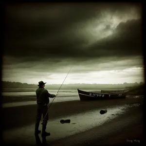 Tranquil Fisherman at Sunset: Serene Coastal Fishing Scene