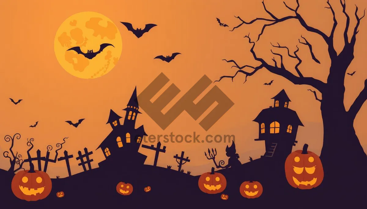 Picture of Autumn Moonlit Cemetery Silhouette with Pumpkins and Trees