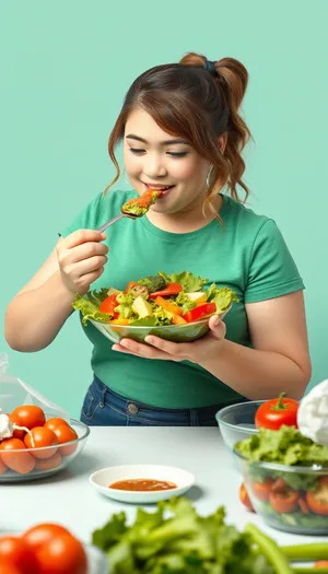 Healthy smiling blonde woman eating fresh vegetable salad.