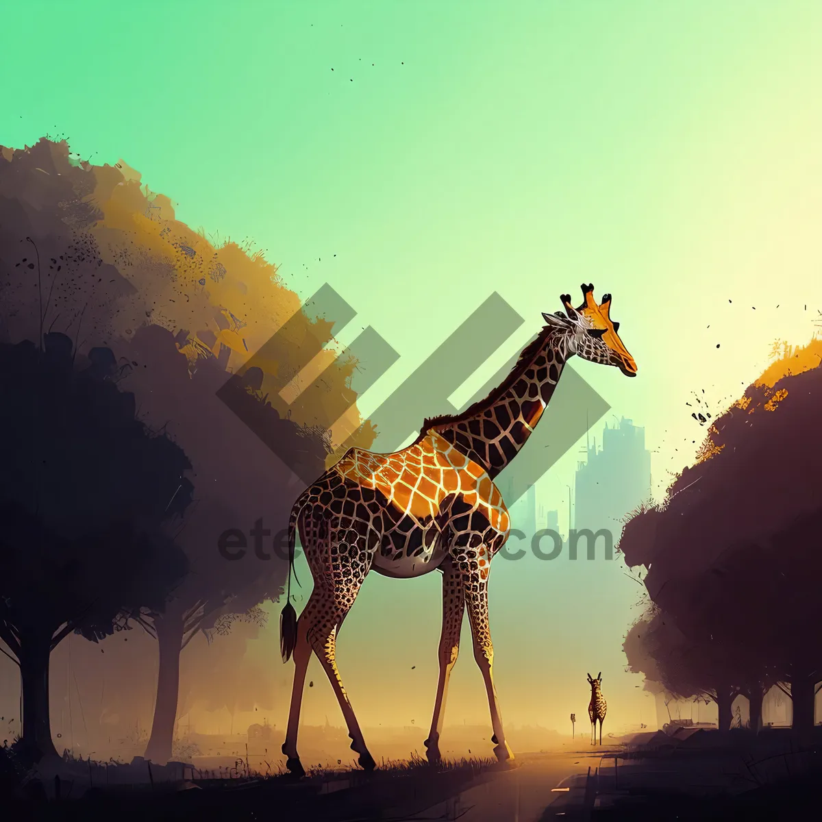 Picture of Giraffe silhouette basking in the sunset.