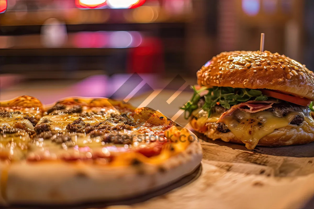 Picture of Delicious gourmet cheeseburger with fresh vegetables and sauce.