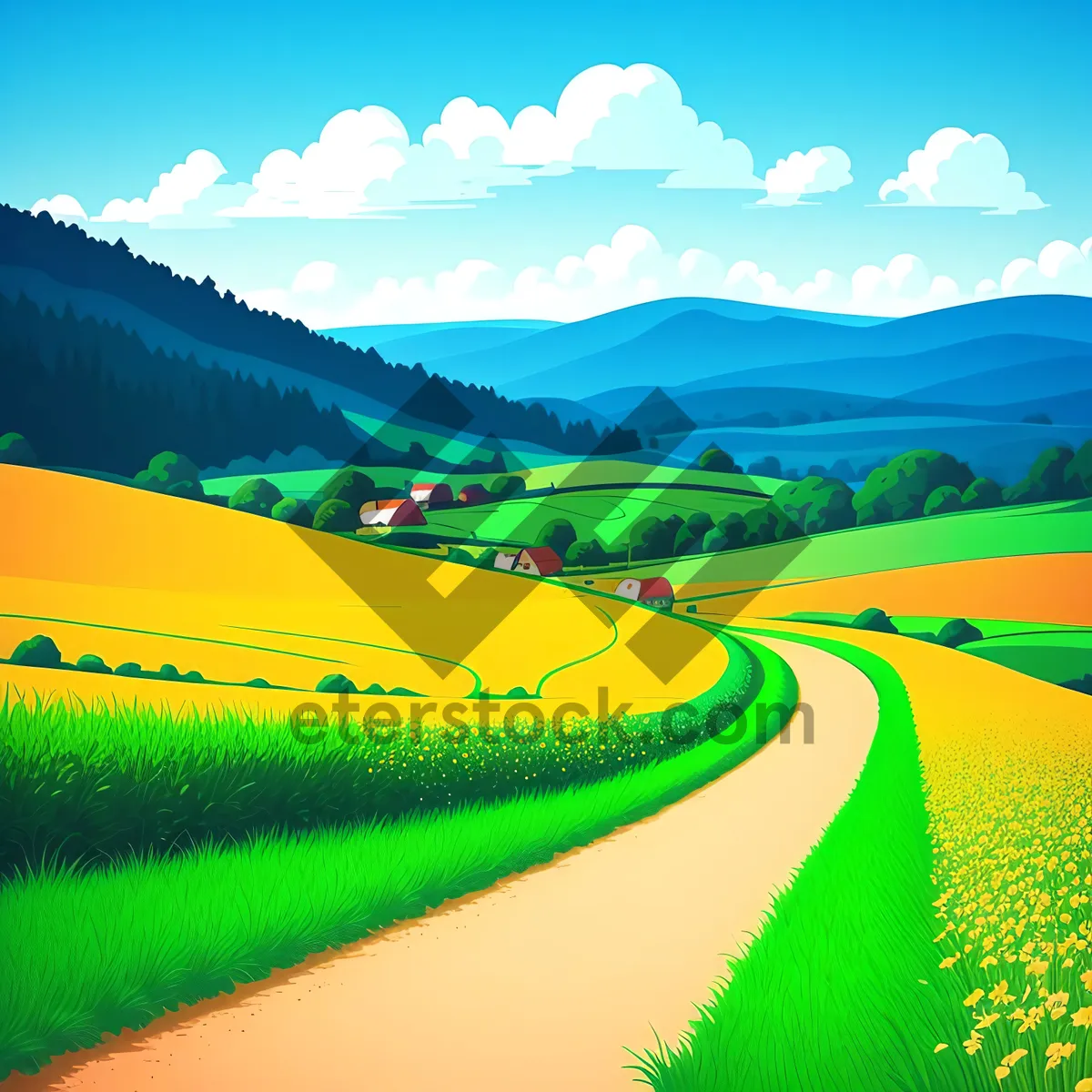 Picture of Serenity in the Countryside: Rolling Meadows Under Blue Sky