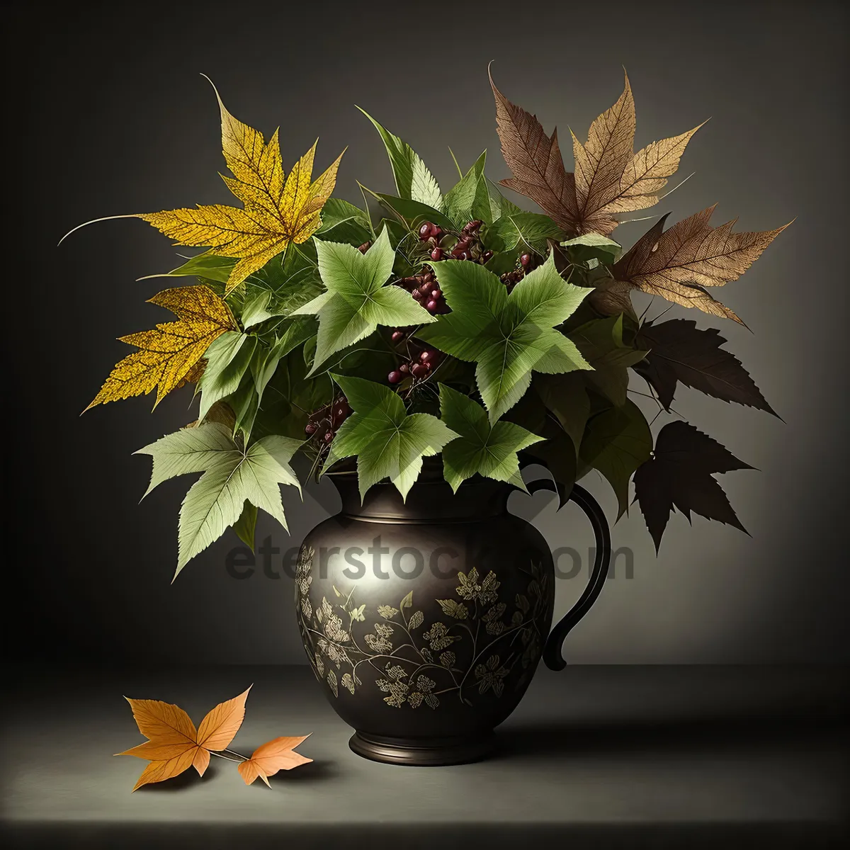 Picture of Colorful Holiday Vase with Leafy Decor and Branches