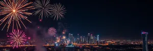 Colorful fireworks display lighting up city skyline at night.