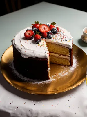 Delicious Fruit Cake with Strawberry and Chocolate Sauce