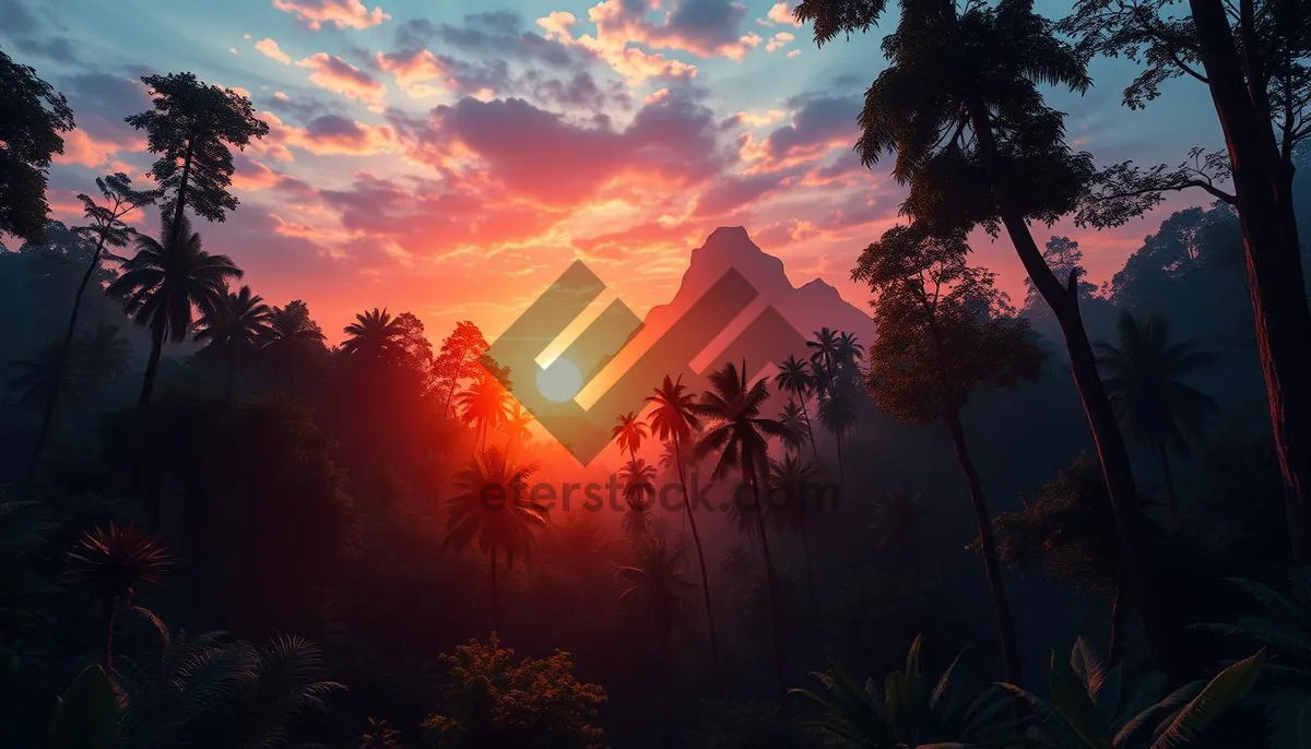 Picture of Tropical sunset sky with palm tree silhouette.