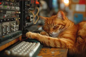 Adorable feline kitty staring at computer monitor.