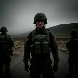 Soldier in Bulletproof Vest with Helmet and Backpack