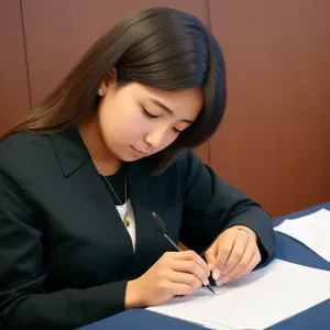 Attractive brunette businesswoman working on laptop in office