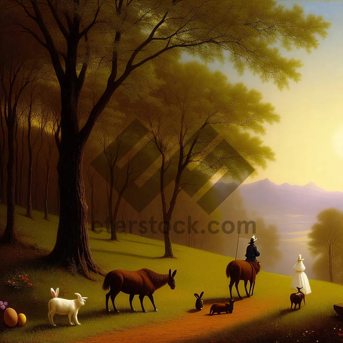 Picture of Vibrant Rural Sunset over Grazing Horses