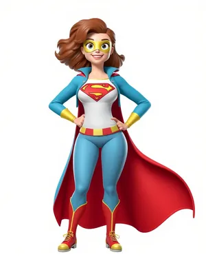 Superhero cartoon character with cape standing confidently.