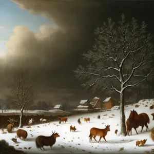 Snowy Meadow with Grazing Horses and Dog