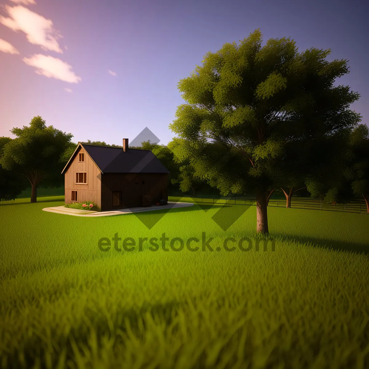 Picture of Rural summer landscape with rapeseed field and barn