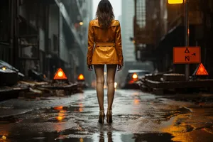 Stylish urban model in a miniskirt on city sidewalk