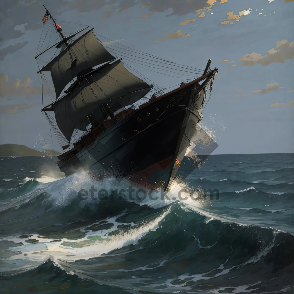 Picture of Sunset sailboat on abandoned shipwreck coastline