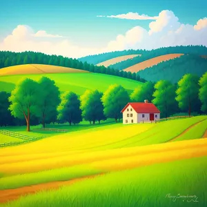 Colorful Rural Landscape with Rapeseed Field under a Sunny Sky
