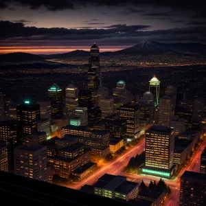 Nighttime cityscape with illuminated skyscrapers and river view