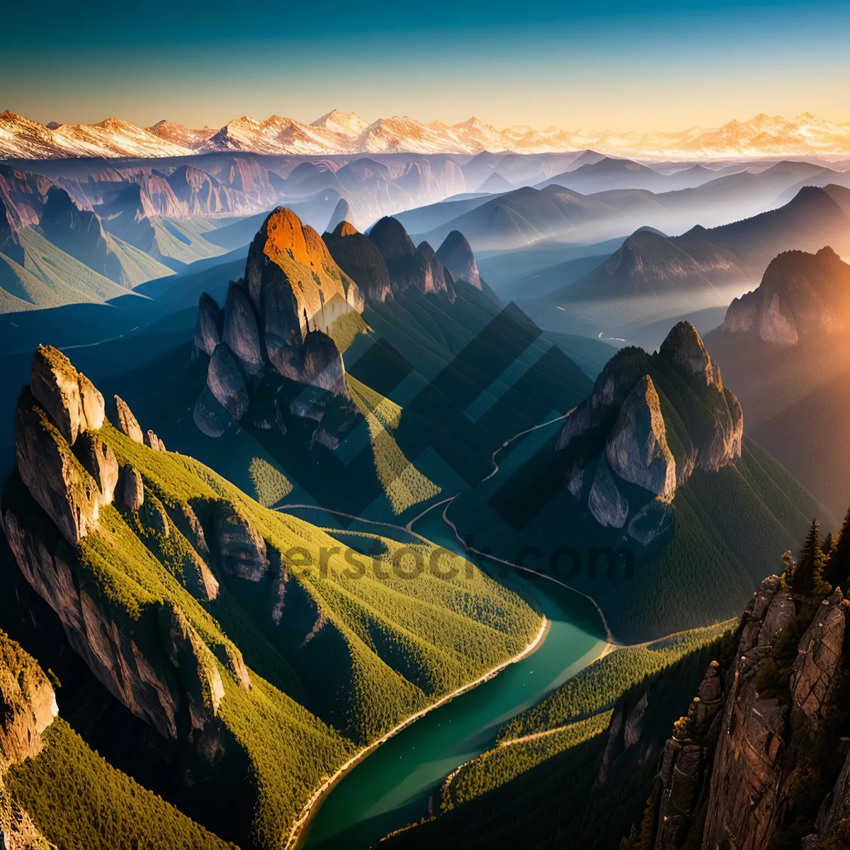 Picture of Majestic Mountain Scenery: Peaks, Valley, and Sunset