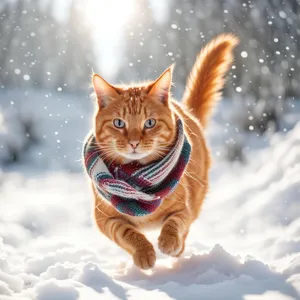 Snow Cat Playing in Winter Ice
