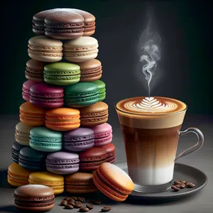 Latte With Colorful Macaron Stack