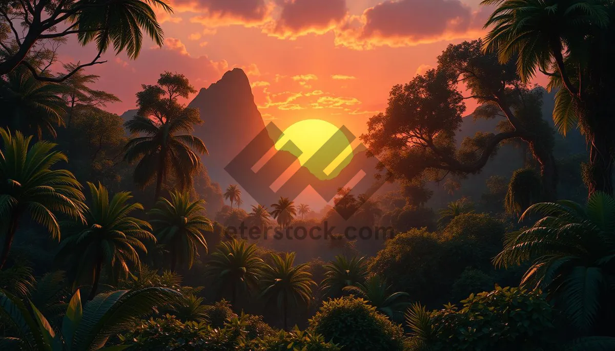 Picture of Tropical sunset on beach with palm trees silhouette