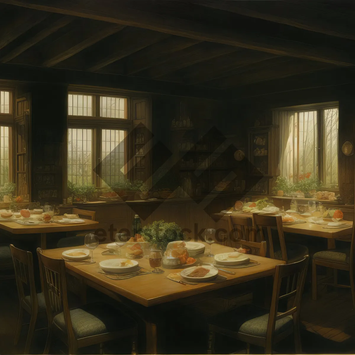 Picture of Modern luxury dining room with wooden chairs and glass table.
