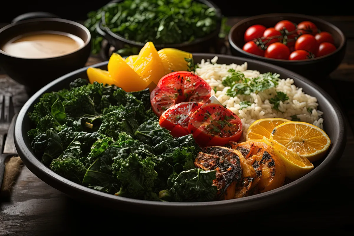 Picture of Fresh vegetable salad plate with delicious tomato and basil dressing.