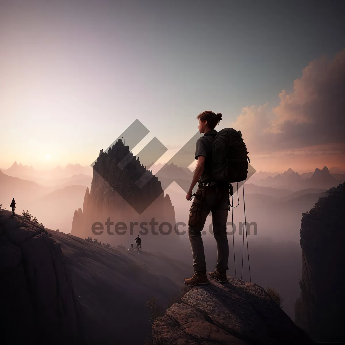 Picture of Mountain Hiker Conquering Majestic Sunset Ascent