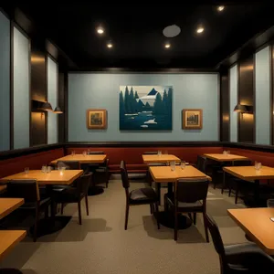 Modern luxury restaurant interior with wooden furniture and lamp