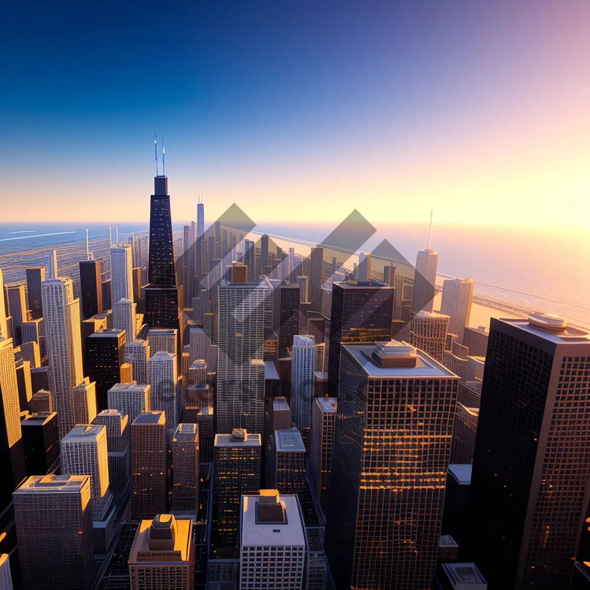 Picture of Cityscape at Sunset: Urban Skyline with Skyscrapers and River