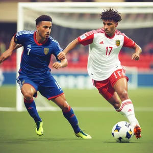 Men playing soccer in a grass field stadium.