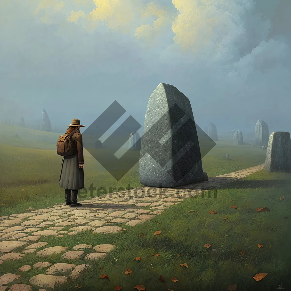 Picture of Majestic Megalith Memorial Amongst Serene Sky and Fields