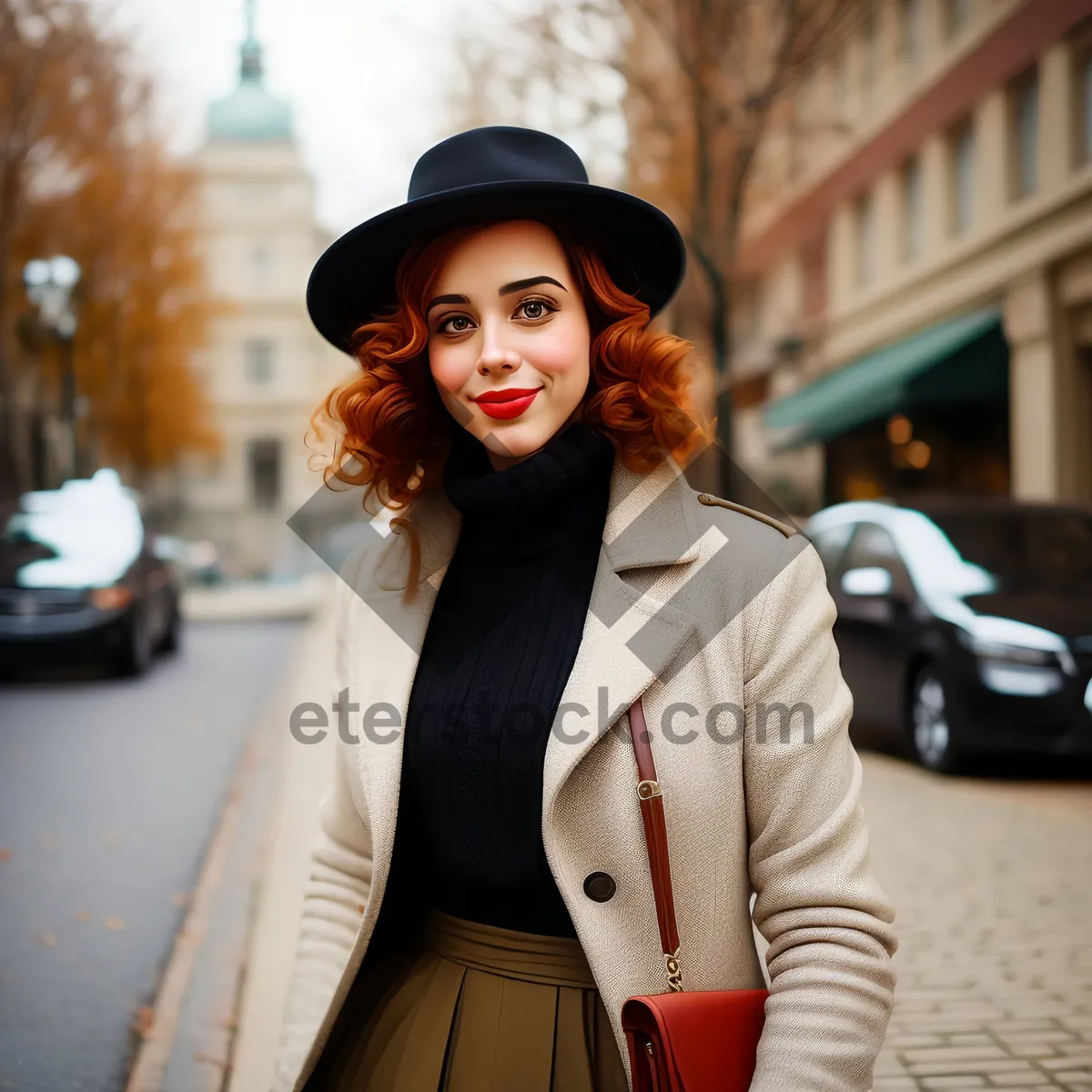 Picture of Happy businesswoman in stylish trench coat smiling confidently.