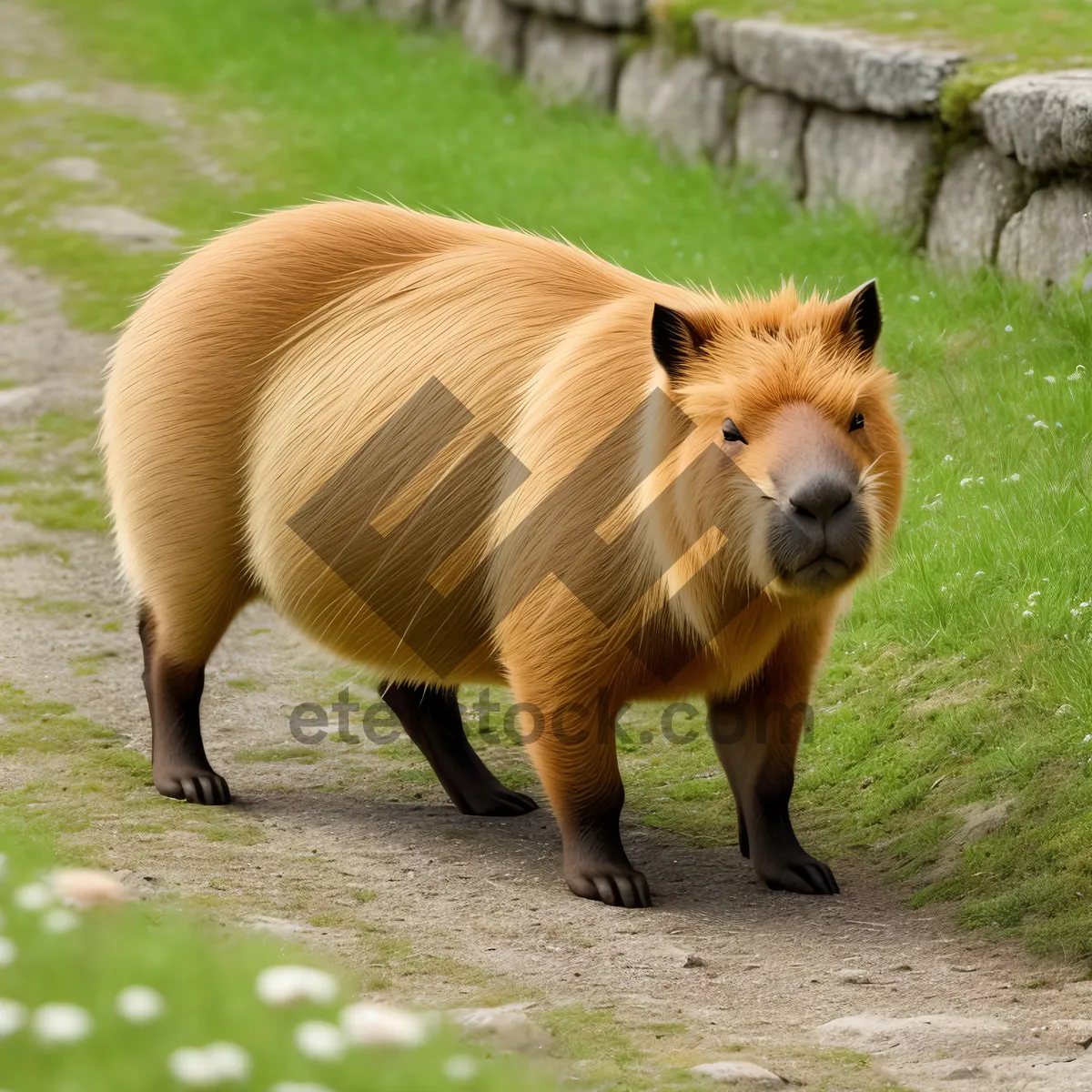 Picture of Wild Warthog Grazing in Brown Field