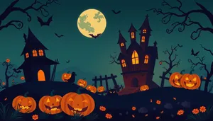 Spooky Halloween Night Silhouette with Moon and Bat